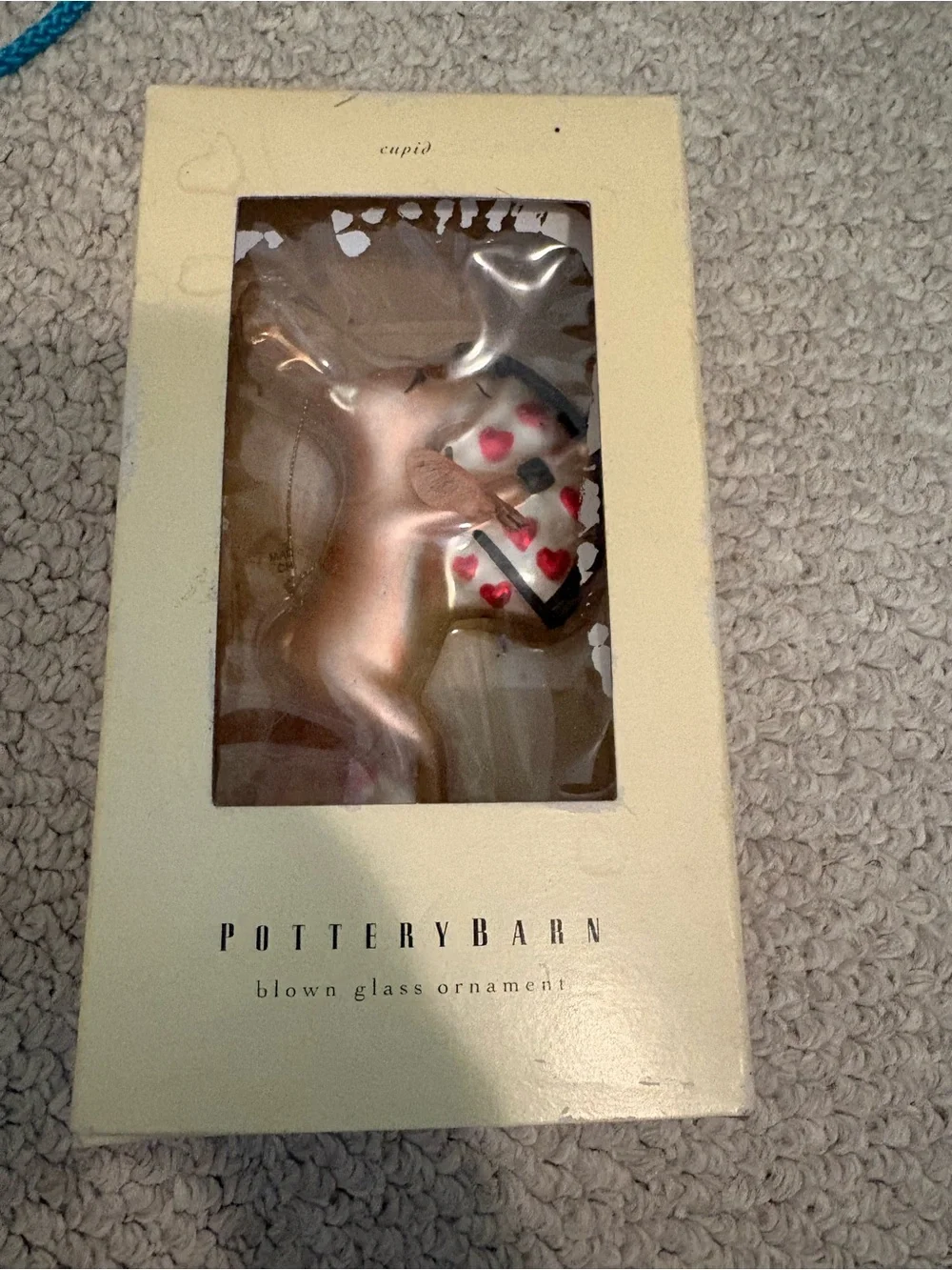 Pottery Barn Blown Glass Cupid Ornament - Rose Gold with Red Hearts NWB